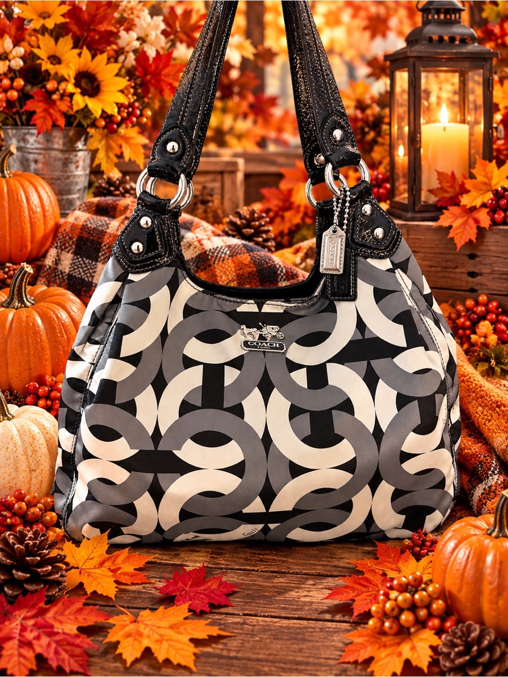 Coach Black & White Interlocking Signature Shoulder Bag